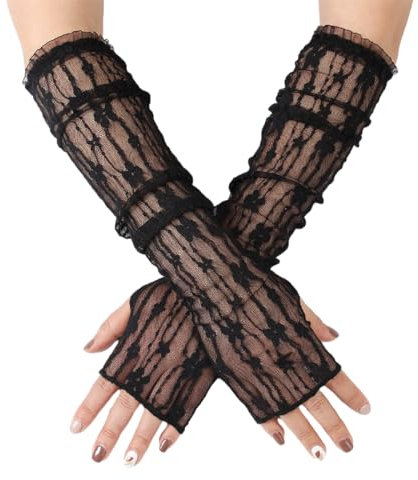 KSJEHW Damen Fingerlose Spitze Netz Handschuhe 1920er Jahre Vintage Tee Party Braut Hochzeit Abend Party Kostüm Zubehör (Schwarz)