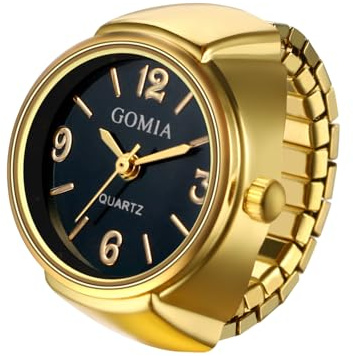 JewelryWe Unisex Finger Ring Watch: Retro Gold Stretchy Elastic Band Men Ladies Round Black Dial Quartz Analogue Lightweight Novelty Watches for Valentine's Day