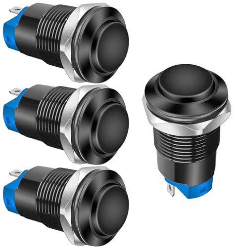 Gebildet 4pcs 12mm Latching Push Button Switch Raised Head Cable Aluminium Alloy 1NO 12V 24V 36V 110V 250V Waterproof IP65 Without LED (Black Shell)