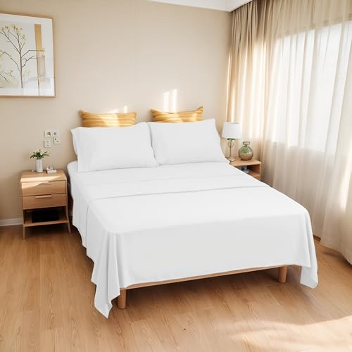 Etrexonline Set Lenzuola Matrimoniali 4 Pezzi per Letto 150x190/200cm, Completo Lenzuola Microfibra Traspirante Ultra Morbido - Include 1 lenzuolo sopra, 1 lenzuolo con angoli e 2 federa - Bianco