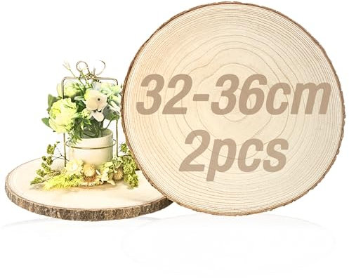 2 Stücke extra große Holzscheiben 32-36CM Runde Naturholz Baumscheiben ca. 1,5cm Dicke für DIY Handwerk, Hochzeit Tischdeko, Weihnachten Dekoration, Tischmittelstücke, Kuchenunterlage, Dekorationsmatt