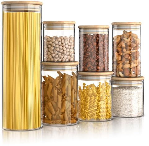 Arendo - Vorratsgläser mit Deckel - 7er Set - Glasbehälter aus Glas – hitzebeständig – Vorratsdosen mit Bambusdeckel - luftdicht - für Müsli Zucker Mehl Spaghetti Kaffee Reis