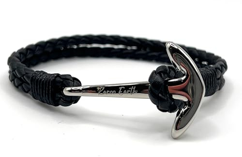KAROO EARTH JEWELLERY Men's Black Leather Anchor Bracelet | Stainless Steel Anchor Clasp | Nautical Maritime Fashion Bracelet (Medium Wrist)