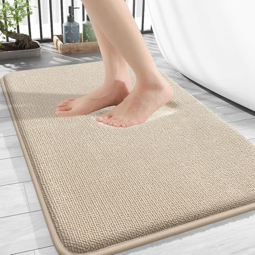 smiry Thick Memory Foam Bath Mat 50 x 75 cm Bathroom Mat Beige | Extra Soft Absorbent, Non-Slip Quick Dry, Machine-Washable, Cushions Feet to Ease Tiredness, Fits Vanity, Shower & Balcony