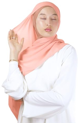 Hijab para enhebrar con capucha integrada crepé de lujo para mujer musulmana velada chal islámico velo enchufable HE210, melocotón, Talla única