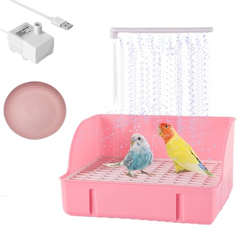 Automatic Bird Bath Shower with Pump, Waterfall Parrots Birdbath Bowl Bird Large Bathtub - USB Electric Parrot Water Bathtub - Perfect for Parakeet/Cockatoo/Parakeet/Cockatiel/ Lovebird/Budgie(Pink)