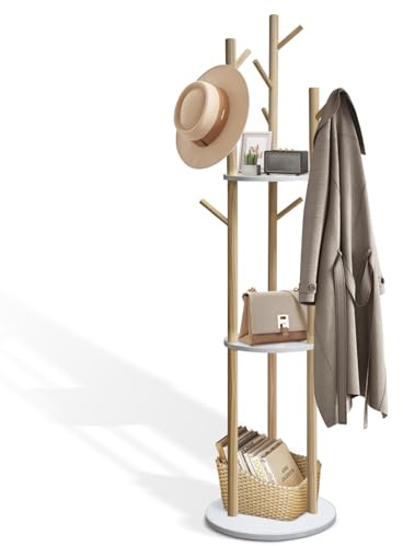 SUNDOY 165CM Wooden Coat Rack Freestanding with 3 Shelves & 9 Hooks, Hall Tree Stand for Entryway, Bedroom, Hallway & Living Room, Coat Stand for Coats, Jackets, Hats