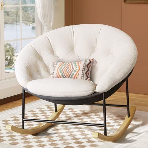 Kidirect Wide Rocking Chair Nursery, Comfy Saucer Nursery Rocking Chairs with Removable Cushion, Indoor Papasan Nursing Chair for Breastfeeding, Mecedora Para Adultos for Living Room & Bedroom (Cream)