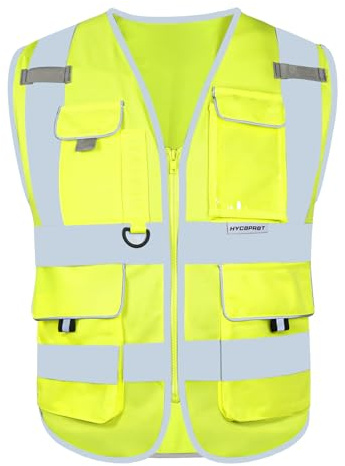 HYCOPROT Hi Vis Vest for Men Women High Visibility Reflective Breathable Safety Vest with Multiple Pockets Zipper Front Meets Construction Vests for Build Oudoor Work EN ISO 20471 Standards