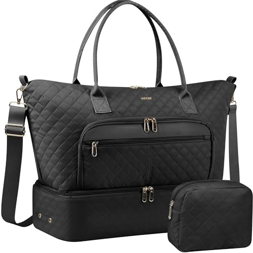 HOTOR Travel Duffle Bag for Women - Carry on Bag with Toiletry Pouch & Shoe Compartment, Large Overnight Weekender Bags for Gym, Business Trips, Sports and Hospital, Black, 18.1 x 8.7 x 15.8