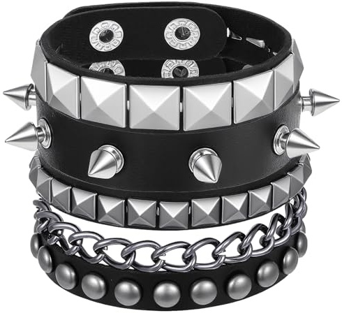 LIQWEI 3 pulseras punk con tachuelas, pulseras góticas con pinchos, pulsera de cuero para hombres y mujeres, pulsera de metal ajustable para accesorios de Halloween para trajes de rockero