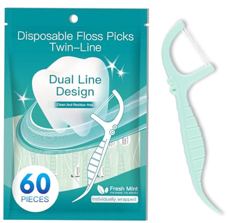 60 Filo Interdentale a Doppia Linea alla Menta per la Cura dei Denti (Confezionati Singolarmente) - Archetti filo interdentale per Rimuovere la Placca e i Residui di Cibo