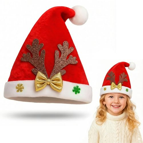 ANGIX Christmas Santa Hat with Glitter Antlers & Gold Bow - Unisex Soft Plush Red Velvet Xmas New Year Party Christmas Hat for Adults & Kids - Festive Holiday Costume Accessory