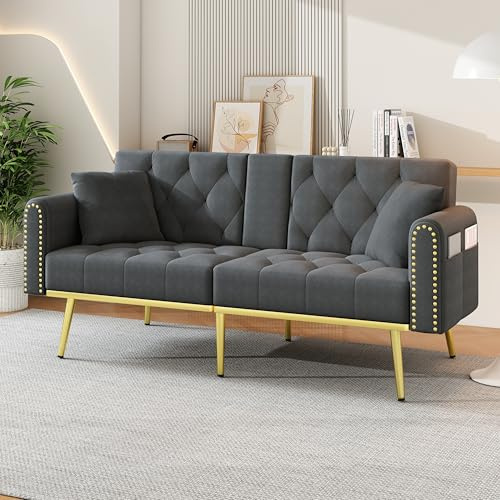 DACHETOU Divano letto doppio pieghevole 80 x 180 cm, velluto grigio, con funzione sdraio, tre angoli di inclinazione regolabili e portabevande, adatto per soggiorno, camera da letto