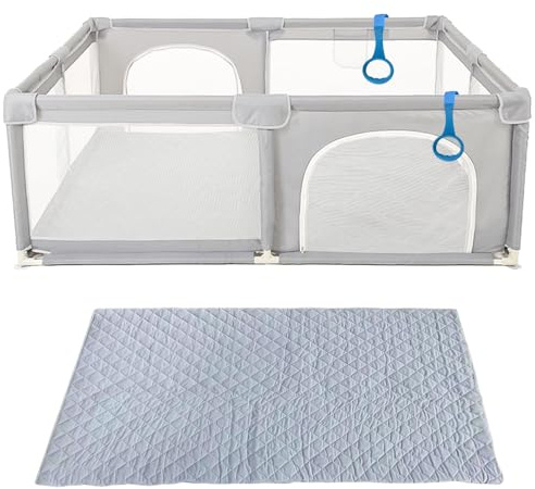 Homewell Parque para bebé, Parque de bebé seguro 150 x 200 cm, zona de juego con 2 accesos laterales con cremallera y alfombras, barrera para bebés de juegos, bolsa de transporte, color gris