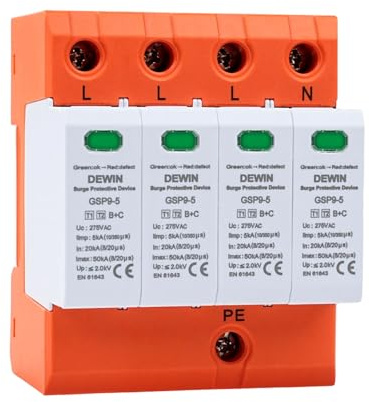 DEWIN överspänningsskydd DIN-skena GSP9-5 SPD-avledare T1+T2(B+C) 4P AC 275V 5KA DIN-skena överspänningsskydd