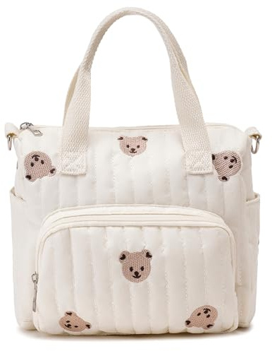 Neptuiby Liten blöjväska bärkasse, quiltad söt babytygväska med björnbroderi, vit, 25 × 20 × 10 cm