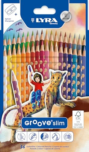 LYRA Groove Slim, Holzfarbstifte, dreiflächig, lackiert, Mine 3,3 mm, Kartonetui, 36 sortierte Farben, mit Spitzer