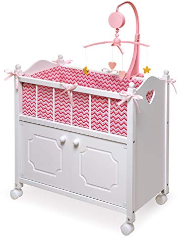 Badger Basket Wooden Toy Doll Bed with Storage, Mobile, and Bedding - Includes Wheels and Free Personalization Kit to Pretend and Play - White with Pink Chevron Fabric