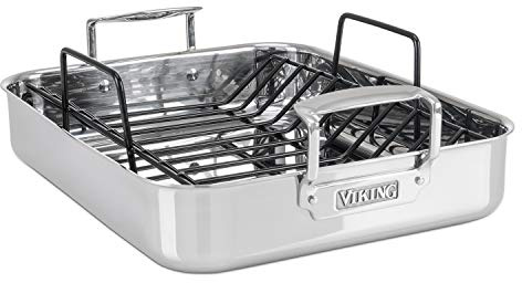 Viking 3-Ply Stainless Steel Roasting Pan with Non Stick Rack, 16 x 13 Inch Kitchen Cookware, Great for Turkey, Dishwasher and Oven Safe, Induction Ready, Silver