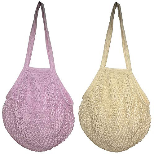 Borsa Rete Cotone,2 Pack Riutilizzabili Borsa da Shopping Grande Borsa della Spesa per Verdura Frutta Tasca Portaoggetti Bianco e Rosa