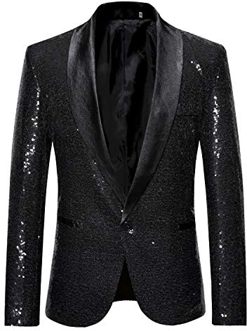 YULUOSHA Mens Slim Fit Suit Blazer Shawl Lapel Sequin Prom Jacket One Button Casual Coat Wedding Prom Tuxedo-XL-Black