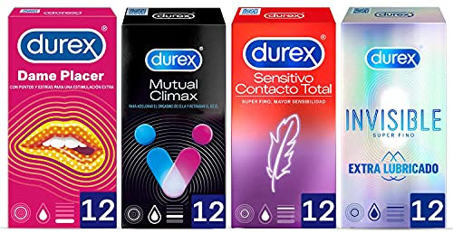 Durex Preservativos Dame Placer + Sensitivos Contacto Total + Mutual Climax + Invisible, Total 48 condones