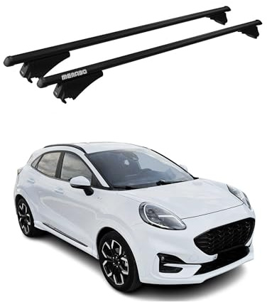 Menabo - Portabicicletas transversal compatible con Ford Puma 2020-2022 | Portabicicletas TÜV, portaequipajes de techo, portaequipajes de techo, portaequipajes de aluminio, 2 piezas, color negro