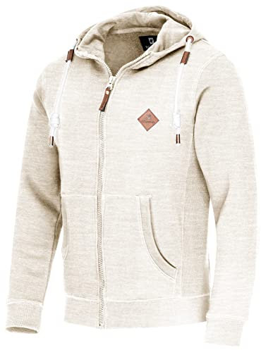 FALKENSTEJN stylischer Kapuzenpullover Sweatjacke Sweatshirt mit Logolederpatch Hoodie Pullover mit 2 seitlichen Taschen (Ecru-Mix, XXL)