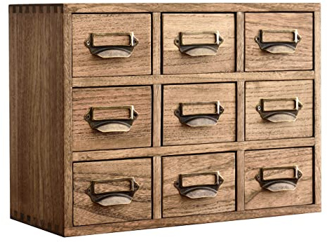 KIRIGEN Wood Desktop Organiser with 9 Drawers, Paulownia Mini Chest of Drawers with Metal Handle, Card Label Holder for Office Supplies, Craft and Jewellery Storage, 36 * 16 * 26.6cm, Brown(9CG-DBR)