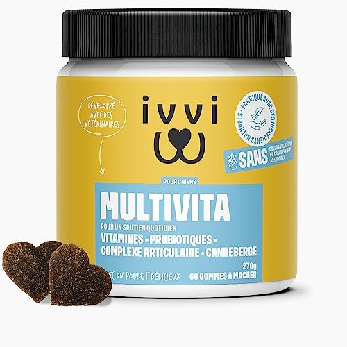 ivvi Multivitamin für Hunde als Leckerli – Rundumversorgung mit Probiotika, B Vitamine, Omega 3, Grünlippmuschel, Cranberry - 60 Snacks (270g) mit Huhn