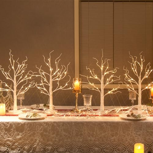 Vanthylit Christmas Tree Decorations, White Birch Tree with LED Lights- Set of 4, Warm White Small Tree Lights Battery Powered/USB, Timer Lighted Tree for Home Wedding Indoor Outdoor Decor (2 FT)