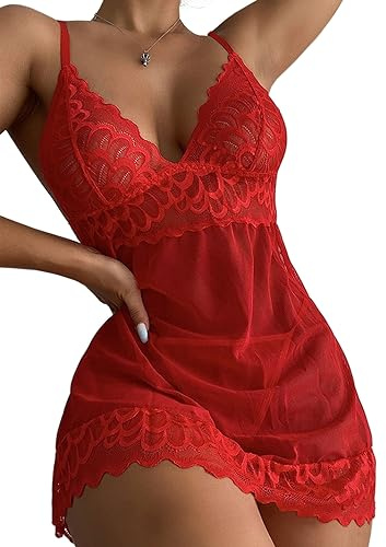 CheChury Lingerie Sexy en Dentelle Babydoll avec String Femmes Pyjama Sexy Chic Ensembles de Lingerie en Dentelle Ensemble sous-Vêtements Col en V Nuisette Robe de Nuit 2 Pièces,Rouge,L