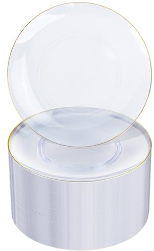 Nervure 100Pieces Clear and Gold Rim Plastic Plates - 7.5inch Disposabl Salad Dessert Plate - Clear and Gold Party Plates Ideal for Wedding & Party