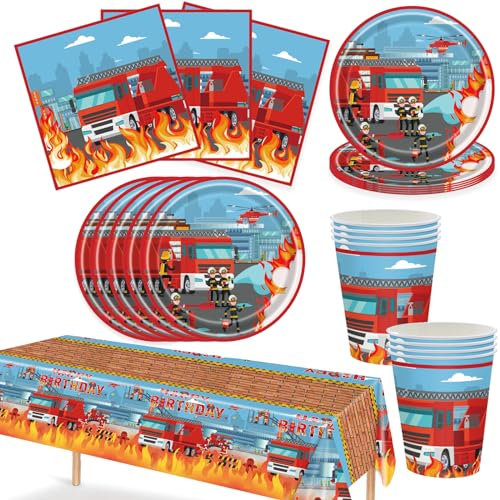 Bikasun Feuerwehrmann Partygeschirr, Fireman Geschirr Set, Fireman Party Set mit Teller Tasse Tischdecke Servietten, Feuerwehr Tischdekoration Kindergeburtstag Deko Feuerwehrauto Feuerwehr Geburtstag