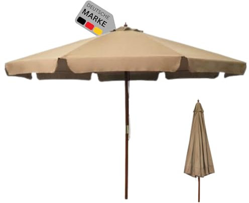 DELUKE® Sonnenschirm aus Holz PAUL Taupe| HxB 254x330cm | Sonnenschirm 330 cm Kurbelschirm Standschirm Sonnenschutz Gartenschirm Balkonschirm klassisch