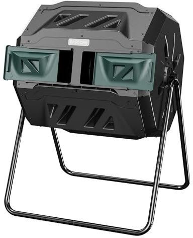 EAST OAK Outdoor Compost Tumbler, 43 Gallon Dual Chamber Compost Bin with 2 Sliding Door and Aeration System, Rotating Composter Bin for Kitchen, Garden