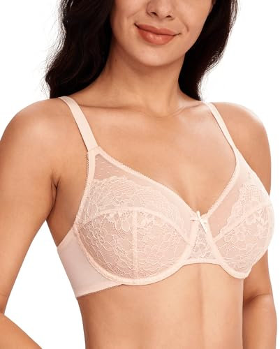 Lemorosy Women's Full Coverage Minimizer Bra Unpadded Underwire Breathable Lace Everyday Underwear(Pink,32DD)