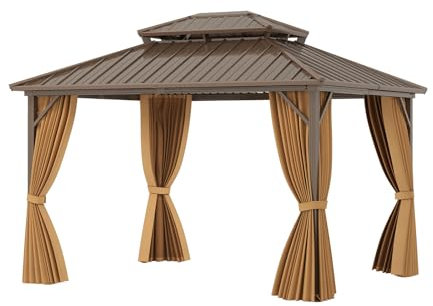 GOPLUS Cenador Jardín Exterior 354 x 294 x 284 cm, Pabellón Todo Clima con Techo Doble de Metal Galvanizado, Mosquiteras y Cortina, Carpa Gazebo para Patio Terraza Jardín Césped