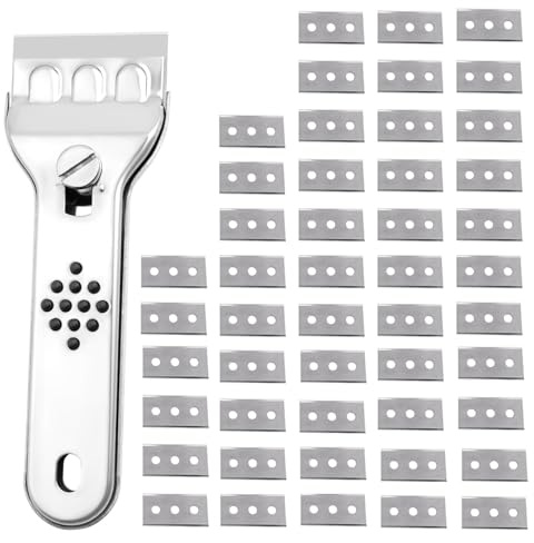 Raspador de Cerámica, con 48 Piezas Cuchillas Raspadoras de Doble Cara, Rasqueta Profesional Vitrocerámica, Raspador de Limpieza de Doble Filo, Multiusos Rascador, para Sellos o Pintura en Vidrio