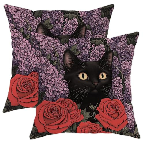 Fundas De Cojín Flores De Gato con Rosas Rojas Y Lilas Violetas Otoño Juego De 2 Lavables Fundas Cojines para Terraza Porche Jardín