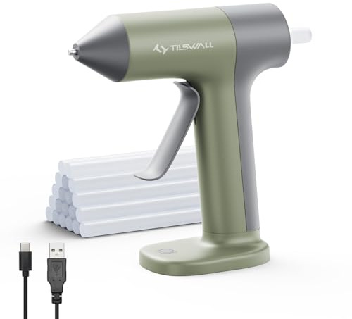 Tilswall 4V Cordless Hot Glue Gun Kit with 20pcs 7x140mm Glue Sticks,Mini Olive Green Hot Melt Glue Gun,30s Fast Preheat,USB-C Rechargeable,Auto Shut-Off,Anti-Drip,Ideal for DIY Crafts & Home Repairs