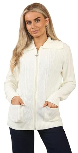BESTITALIANUK Womens Zipped Cable Knit Long Sleeve Collar Cardigan, Ladies Classic Chunky Winter Knitwear Zip Through Fasten with Pockets Pullover Jumper UK Plus Size 8-22 Cream