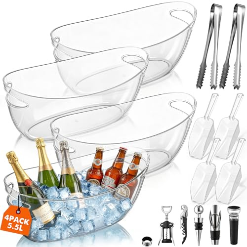 Yiyiring 4 Pcs Ice Buckets for Parties Large 5.5L Clear Acrylic Beverage Tubs Portable Cooler Barrel with Scoops Tongs Wine Opener Vacuum Wine Stoppers Mimosa Bar Supplies for Champagne Beer Beverage