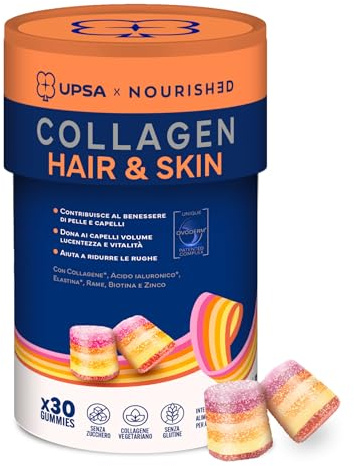 UPSA x Nourished Collagen Hair and Skin, Integratore Alimentare con Ovoderm, Rame e Biotina, 30 Caramelle Gommose Gusto Frutta, Senza Zucchero, Vegetariano