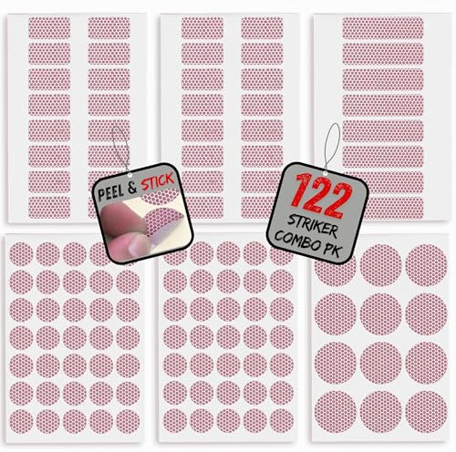 122 Piece Match Striker Variety Pack | Peel & Stick Adhesive Stricker Stickers for Safety Matches | Replacement Flint Strips Pad Dots and Circles Combo