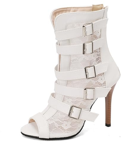MiaZane Stivaletti alla Caviglia col Tacco Alto Donna Tacco a Spillo Cinturino a Fibbia Punta Peep Toe Stivaletti da Sera Tacchi da Sera Scarpe alla Caviglia di Impatto,Bianca,50 EU