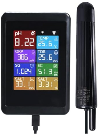 Qomcsrl Monitor Intelligente Della Qualità 'Acqua Tuya WiFi 8 In, Rilevatore di Temperatura TDS PH In Tempo Reale per Acquario, Piscina, Acquario, App Remota