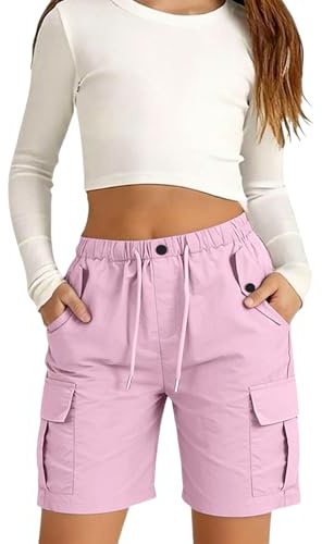 Mjjsk Bermuda cargo léger pour filles - Taille élastique - Décontracté - Sport - Randonnée - Course à pied - Marche - Pour adolescent - Poches, rose, 11-12 ans