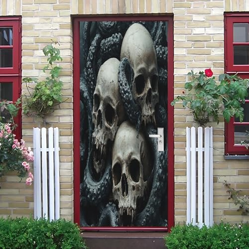 Peel and Stick Papel Pintado de Puerta 77x200 cm Gris Pegatinas de Puerta 3D Murales PatróN de Calavera de Terror Calcomanías para Puerta Póster de Puerta de PVC Extraíble para Decoración del Hogar